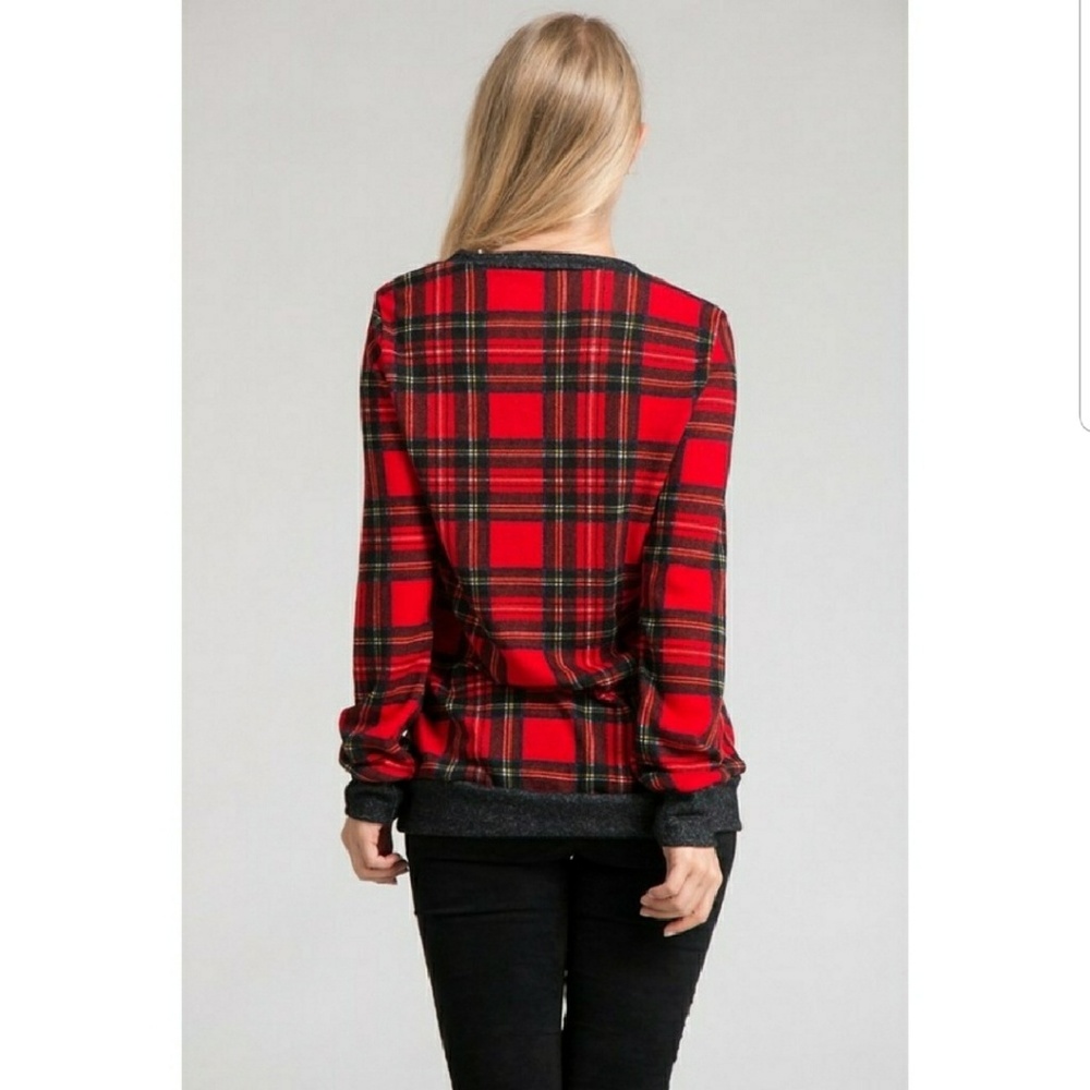 Red Plaid Crew Neck Sweatshirt - Picture 4 of 4